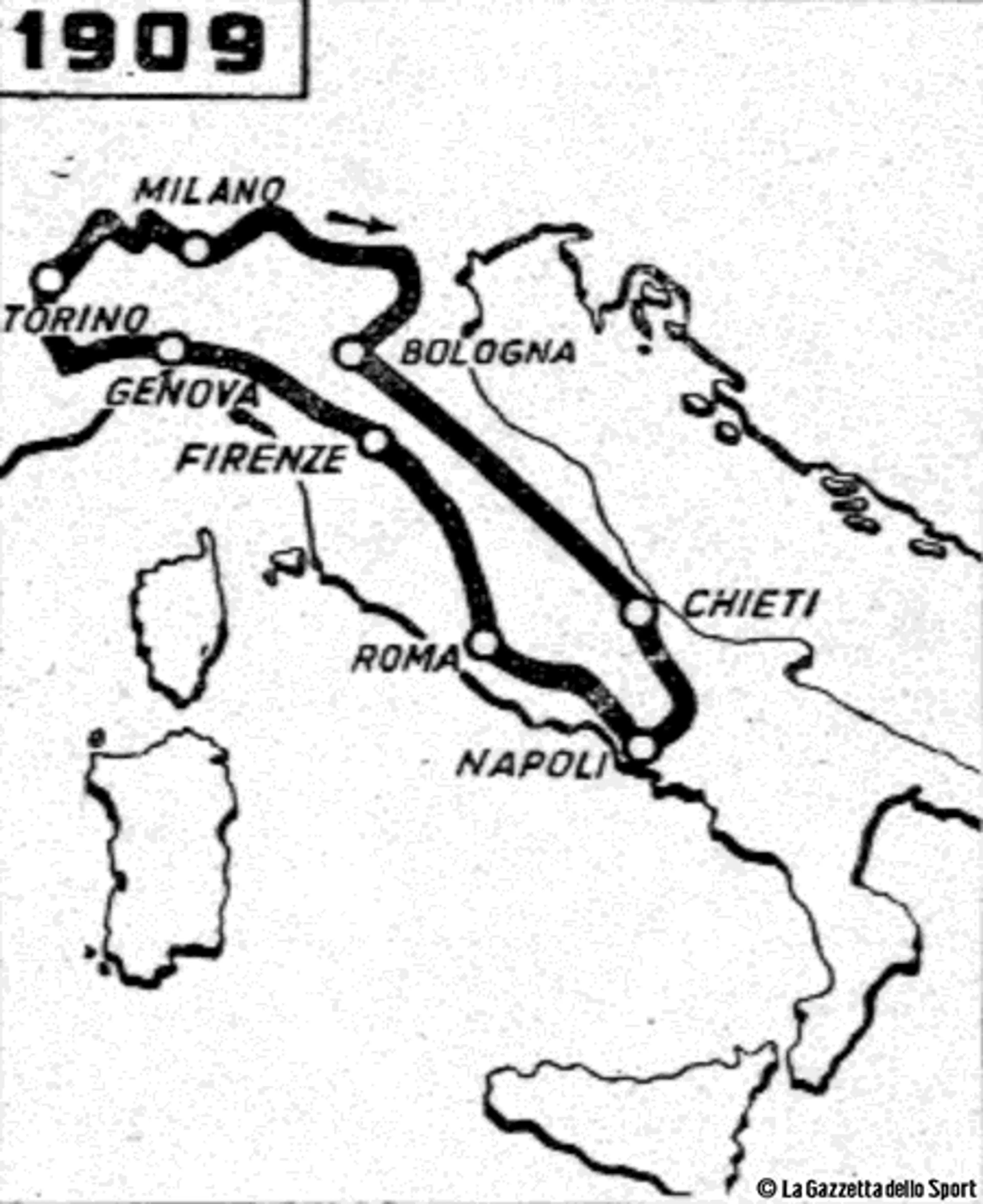 First official route of Giro d'Italia 1909